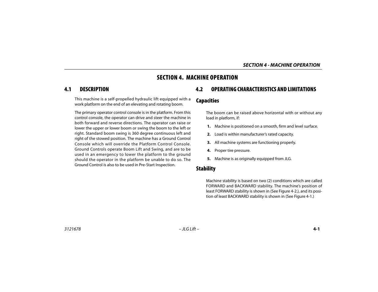 Section 4. machine operation, 1 description, 2 operating characteristics and limitations | Capacities, Stability, Section - 4 - machine operation, Description -1, Operating characteristics and limitations -1, Capacities -1 stability -1 | JLG 680S Operator Manual User Manual | Page 63 / 124