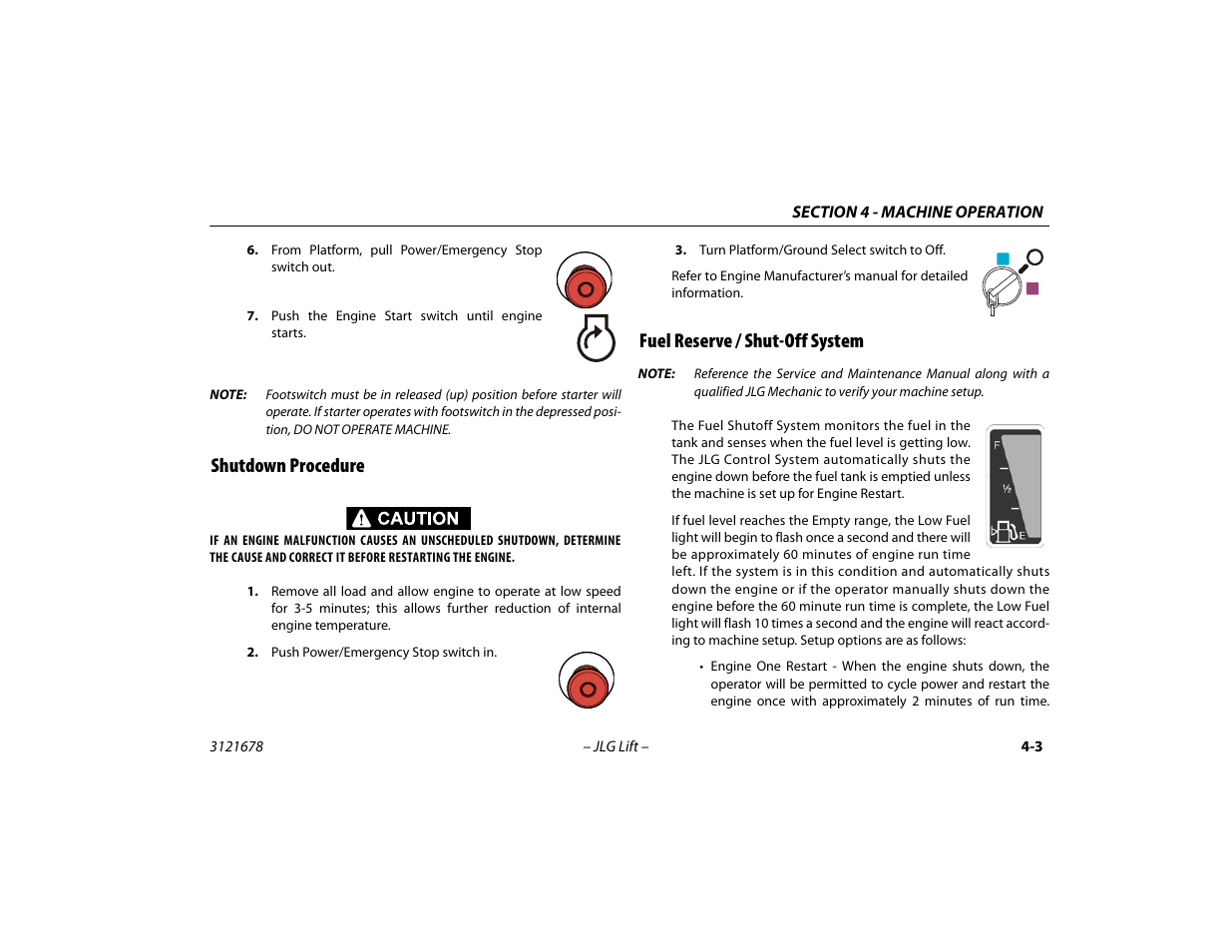 Shutdown procedure, Fuel reserve / shut-off system | JLG 680S Operator Manual User Manual | Page 65 / 124