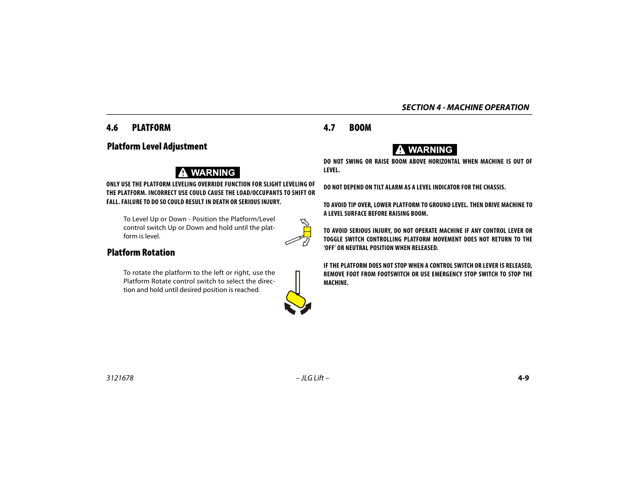 6 platform, Platform level adjustment, Platform rotation | 7 boom, Platform -9, Platform level adjustment -9, Platform rotation -9, Boom -9 | JLG 680S Operator Manual User Manual | Page 71 / 124