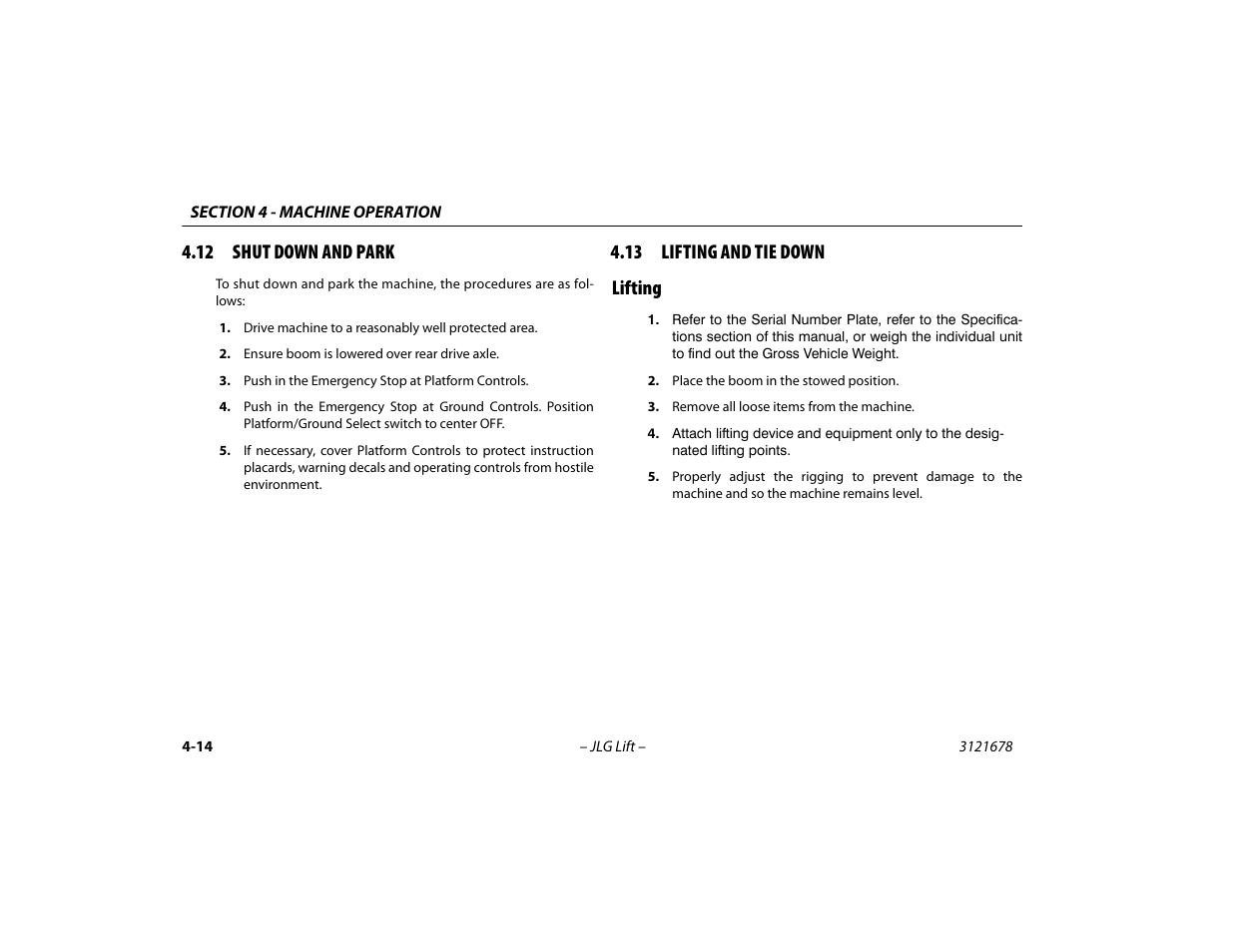 12 shut down and park, 13 lifting and tie down, Lifting | Lifting -14, 13 lifting and tie down lifting | JLG 680S Operator Manual User Manual | Page 76 / 124