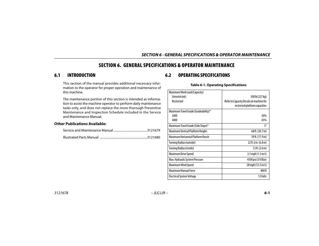 1 introduction, 2 operating specifications, Nance | Introduction -1, Operating specifications -1 | JLG 680S Operator Manual User Manual | Page 89 / 124