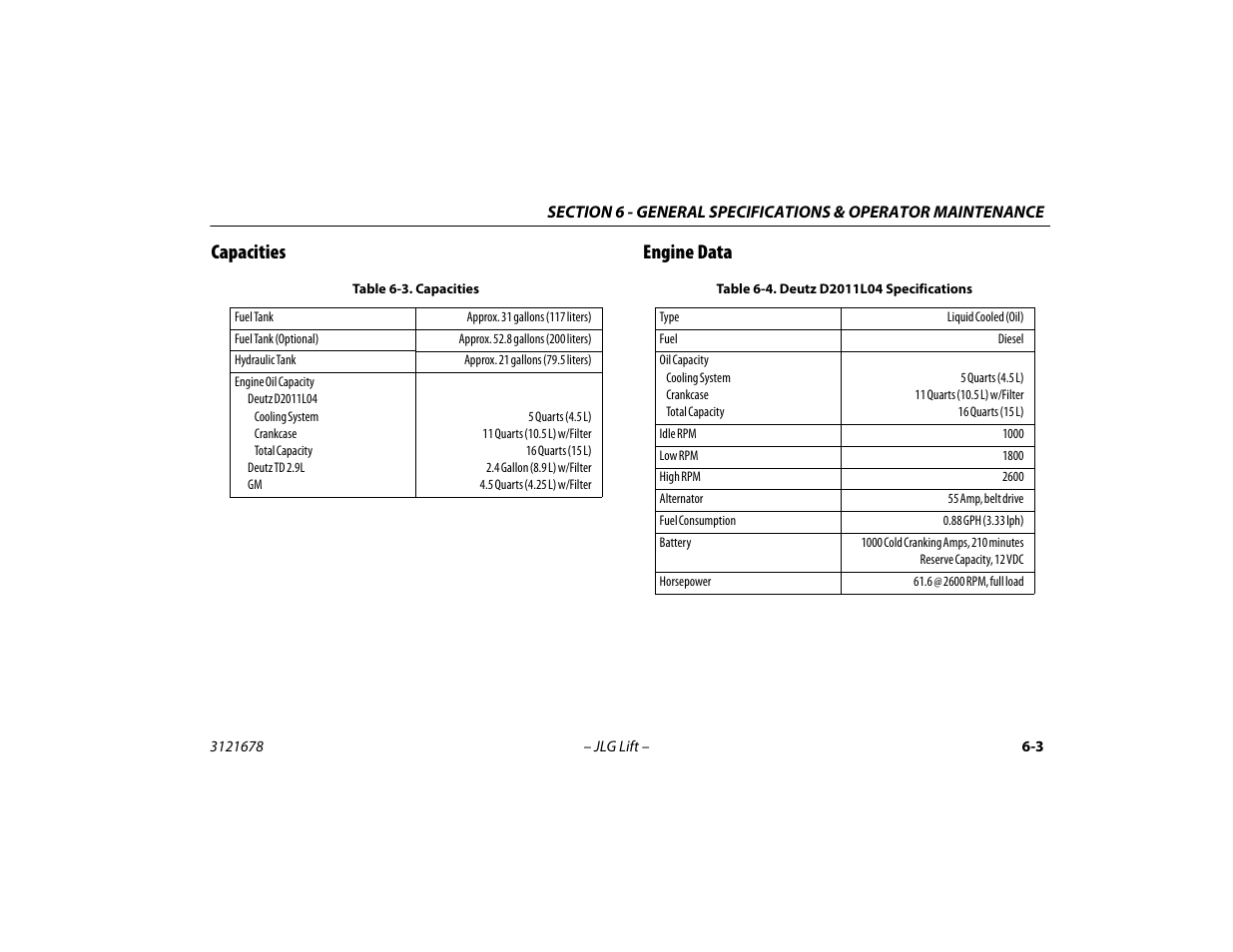 Capacities, Engine data, Capacities -3 engine data -3 | Capacities -3, Deutz d2011l04 specifications -3, Capacities engine data | JLG 680S Operator Manual User Manual | Page 91 / 124