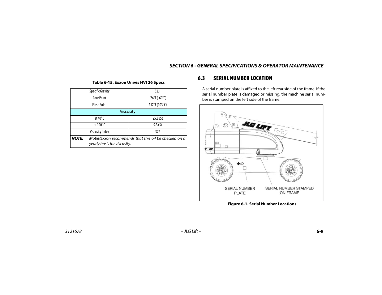 3 serial number location, Serial number location -9, Serial number locations -9 | Exxon univis hvi 26 specs -9 | JLG 680S Operator Manual User Manual | Page 97 / 124