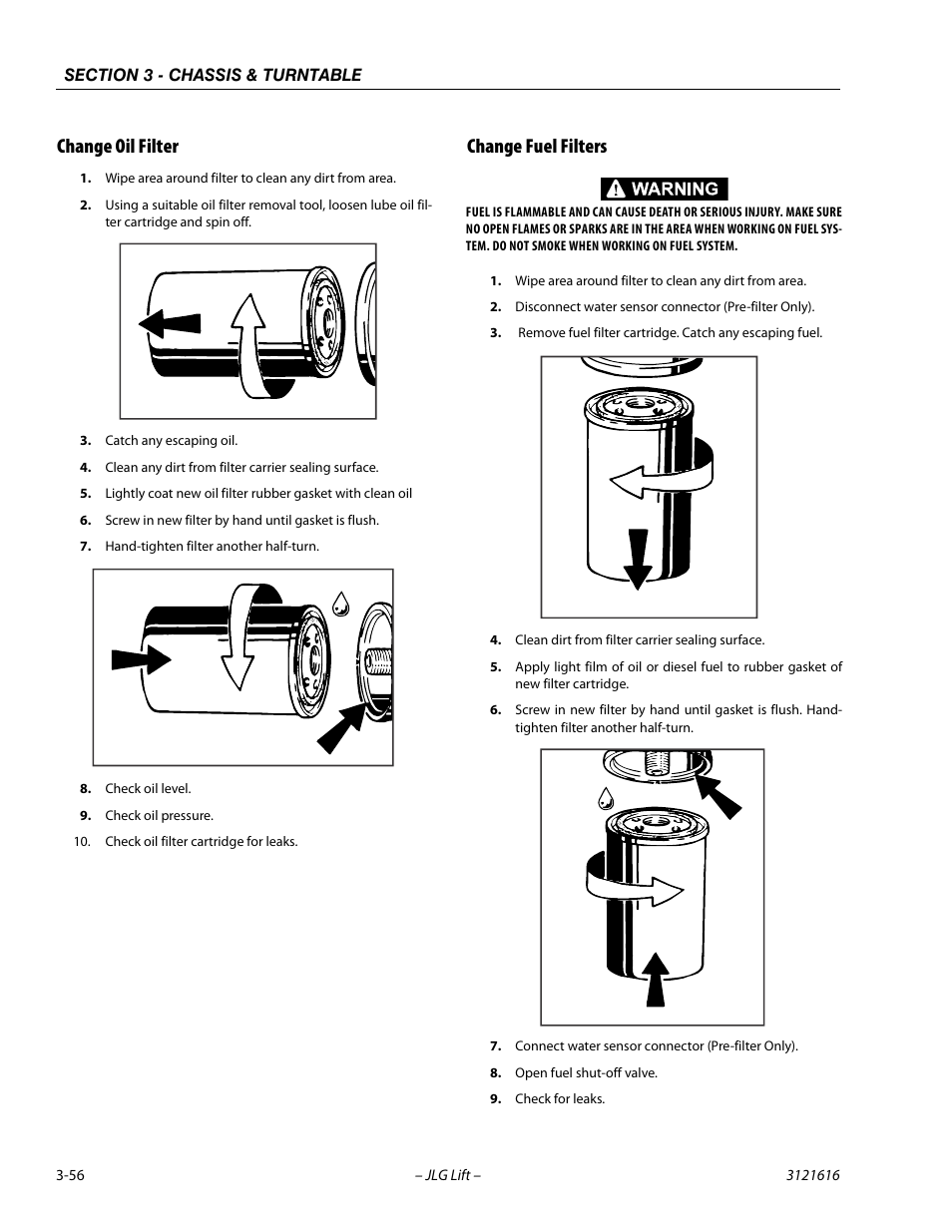 Change oil filter, Change fuel filters, Change oil filter -56 change fuel filters -56 | JLG 660AJ Service Manual User Manual | Page 100 / 334