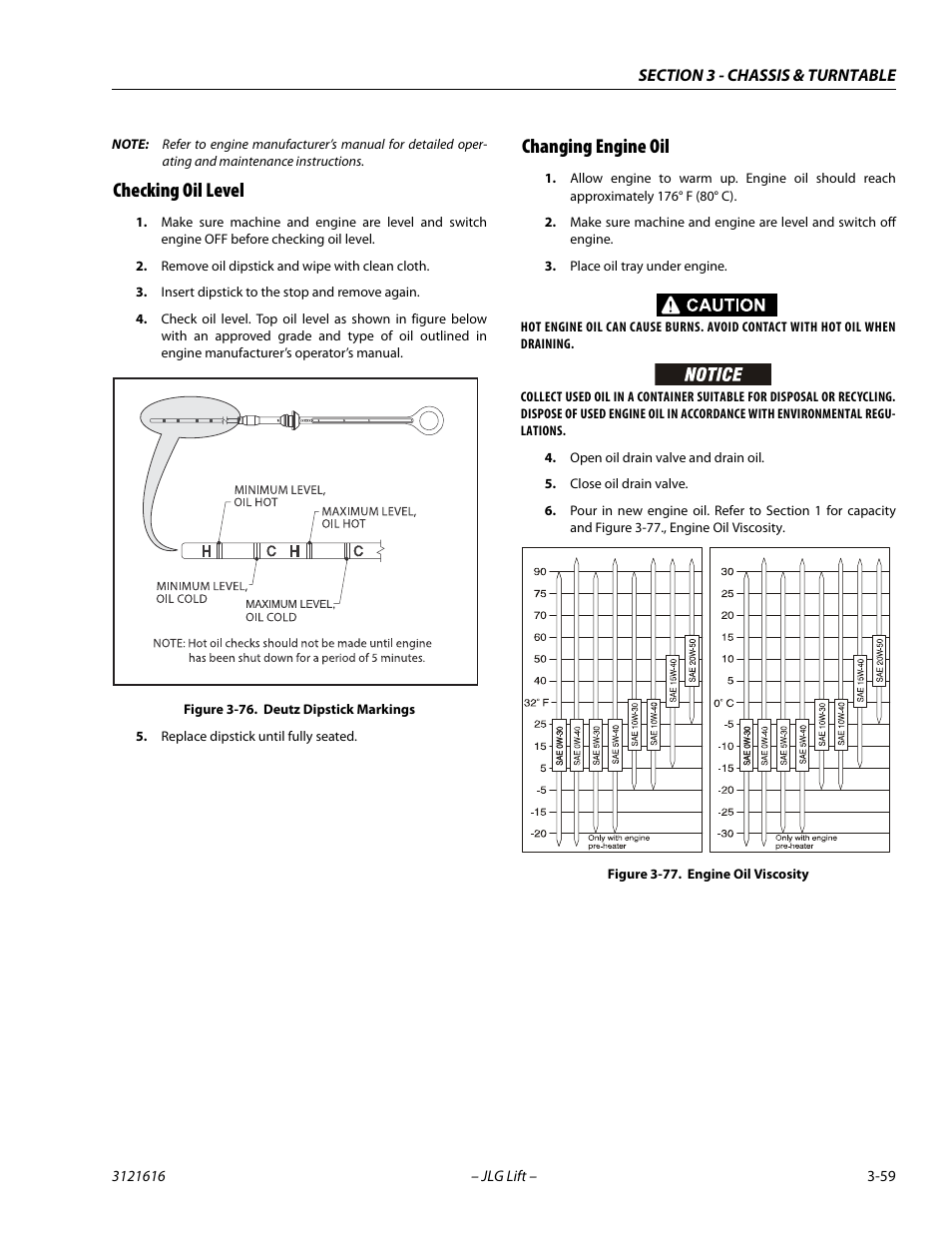 Checking oil level, Changing engine oil, Checking oil level -59 changing engine oil -59 | Deutz dipstick markings -59, Engine oil viscosity -59 | JLG 660AJ Service Manual User Manual | Page 103 / 334