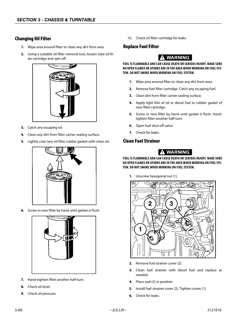 Changing oil filter, Replace fuel filter, Clean fuel strainer | JLG 660AJ Service Manual User Manual | Page 104 / 334