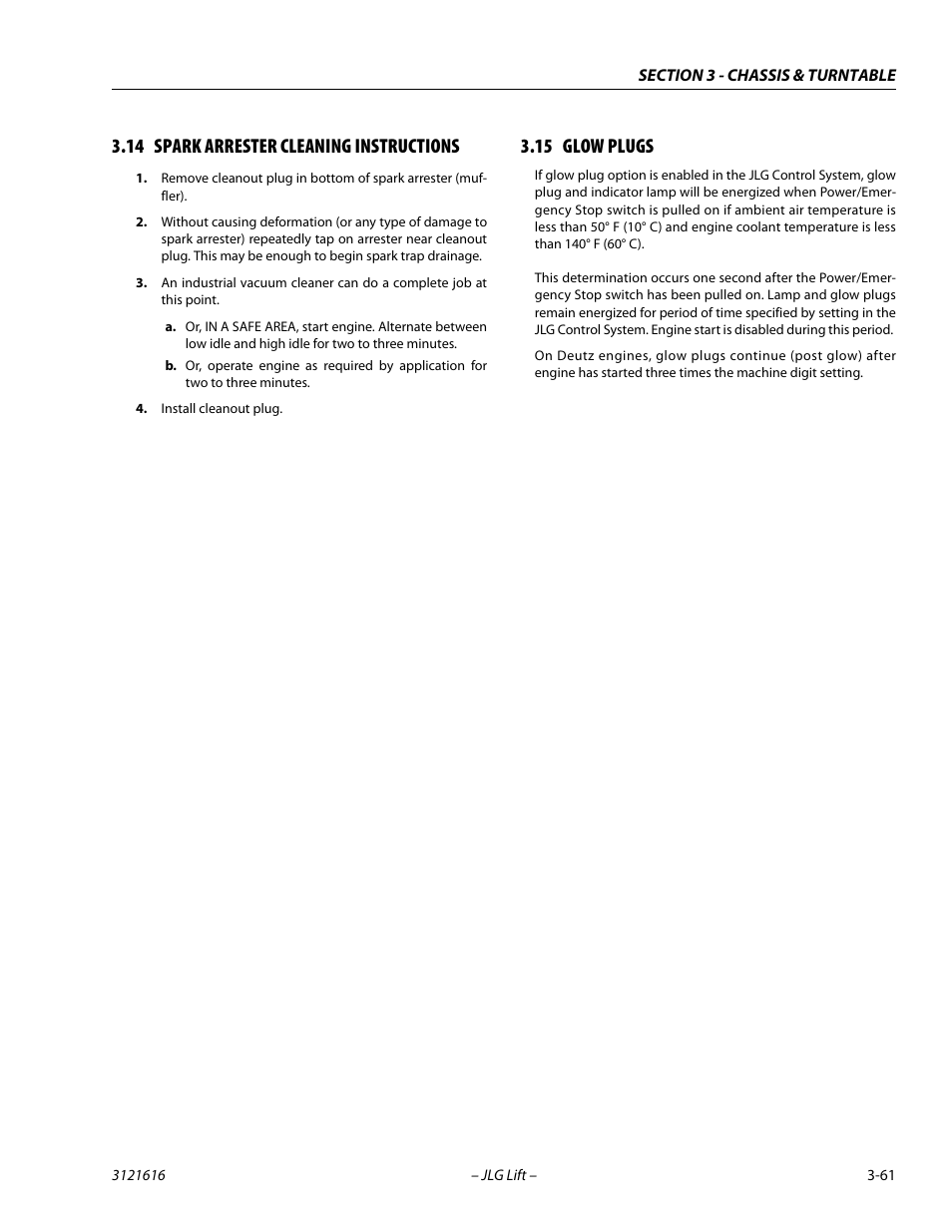 14 spark arrester cleaning instructions, 15 glow plugs, Spark arrester cleaning instructions -61 | Glow plugs -61 | JLG 660AJ Service Manual User Manual | Page 105 / 334