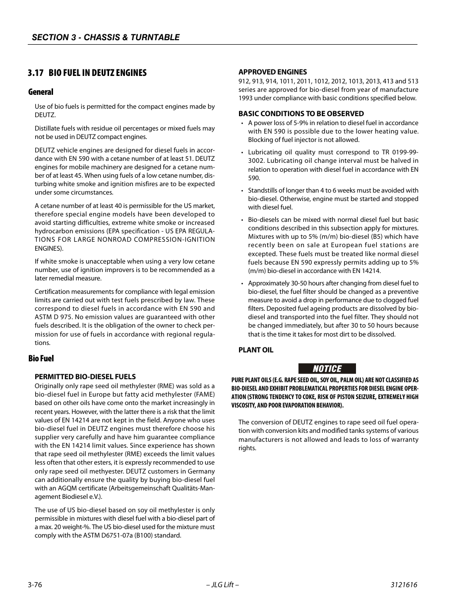 17 bio fuel in deutz engines, General, Bio fuel | Bio fuel in deutz engines -76, General -76 bio fuel -76 | JLG 660AJ Service Manual User Manual | Page 120 / 334