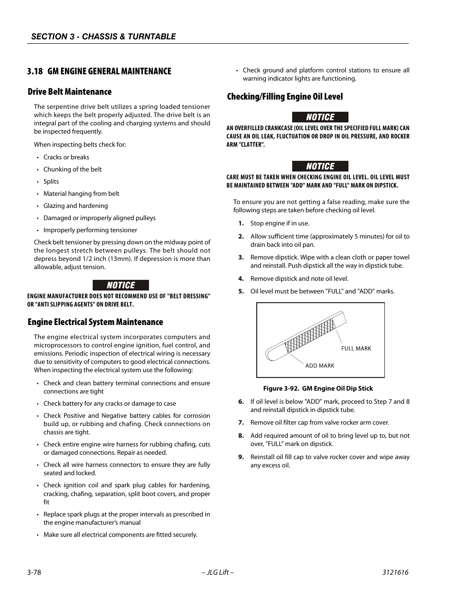 18 gm engine general maintenance, Drive belt maintenance, Engine electrical system maintenance | Checking/filling engine oil level, Gm engine general maintenance -78, Gm engine oil dip stick -78 | JLG 660AJ Service Manual User Manual | Page 122 / 334