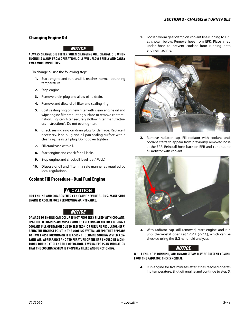 Changing engine oil, Coolant fill procedure - dual fuel engine | JLG 660AJ Service Manual User Manual | Page 123 / 334
