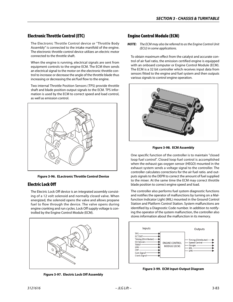 Electronic throttle control (etc), Electric lock off, Engine control module (ecm) | Electronic throttle control device -83, Electric lock off assembly -83, Ecm assembly -83, Ecm input-output diagram -83 | JLG 660AJ Service Manual User Manual | Page 127 / 334