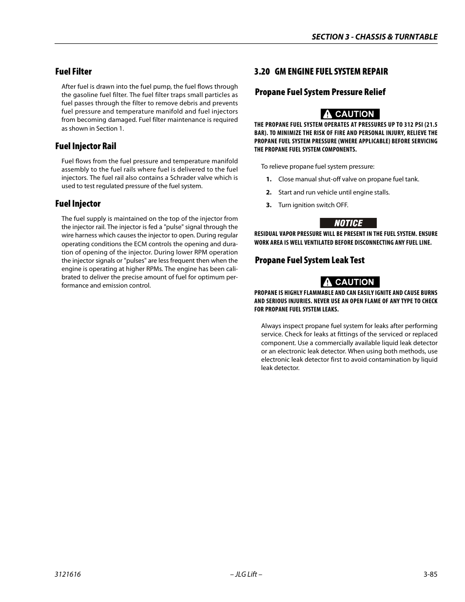 Fuel filter, Fuel injector rail, Fuel injector | 20 gm engine fuel system repair, Propane fuel system pressure relief, Propane fuel system leak test, Gm engine fuel system repair -85 | JLG 660AJ Service Manual User Manual | Page 129 / 334