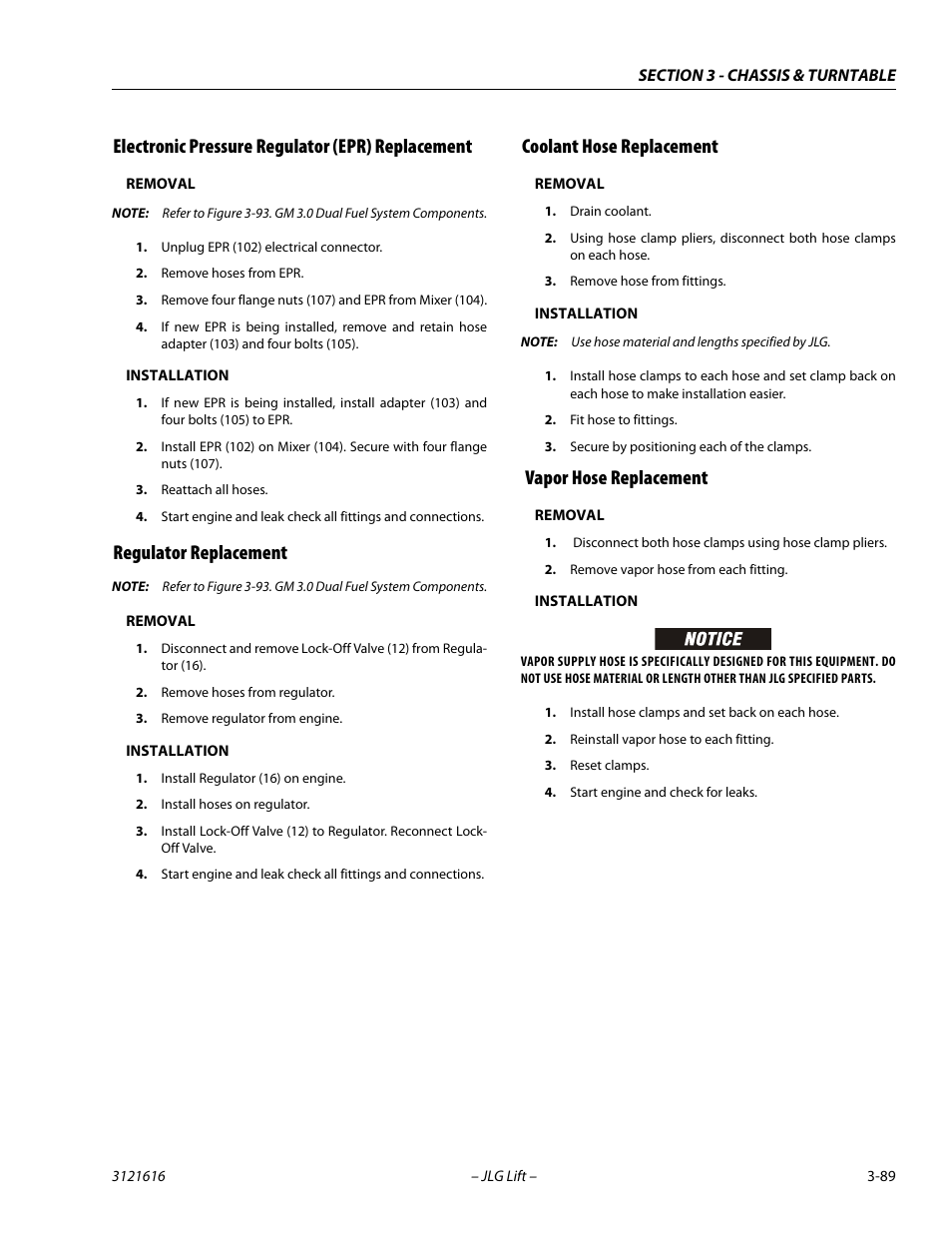 Electronic pressure regulator (epr) replacement, Regulator replacement, Coolant hose replacement | Vapor hose replacement | JLG 660AJ Service Manual User Manual | Page 133 / 334