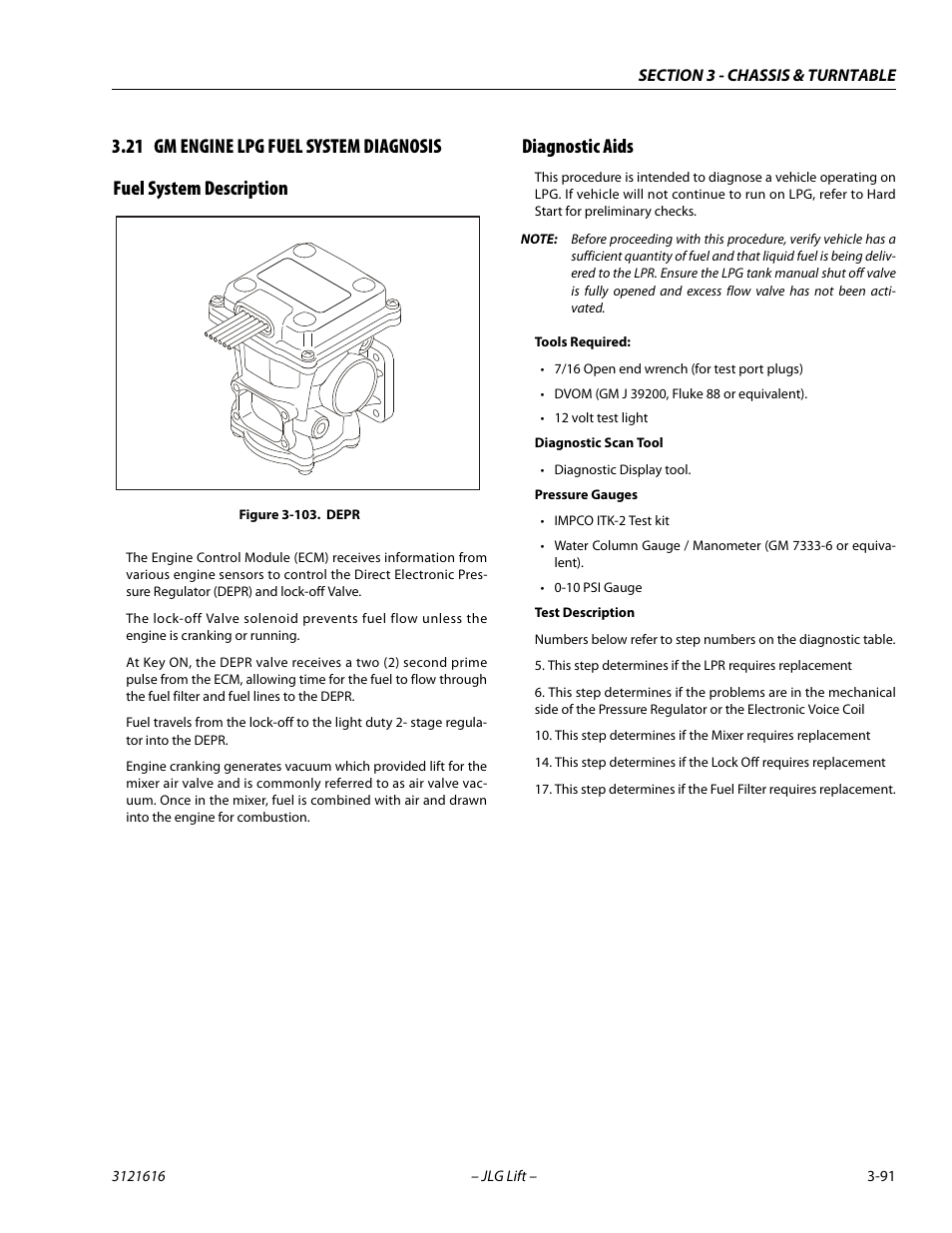 21 gm engine lpg fuel system diagnosis, Fuel system description, Diagnostic aids | Gm engine lpg fuel system diagnosis -91, Fuel system description -91 diagnostic aids -91, Depr -91 | JLG 660AJ Service Manual User Manual | Page 135 / 334