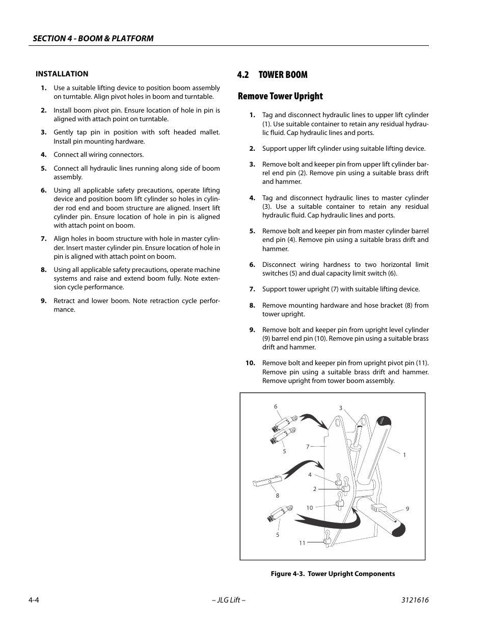 2 tower boom, Remove tower upright, Tower boom -4 | Remove tower upright -4, Tower upright components -4, 2 tower boom remove tower upright | JLG 660AJ Service Manual User Manual | Page 152 / 334