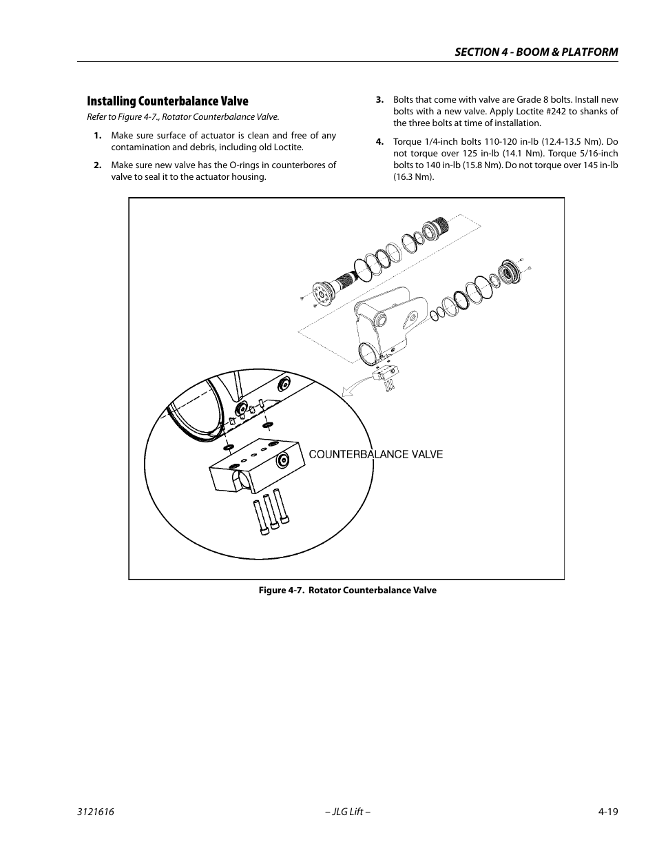 Installing counterbalance valve, Installing counterbalance valve -19, Rotator counterbalance valve -19 | JLG 660AJ Service Manual User Manual | Page 167 / 334