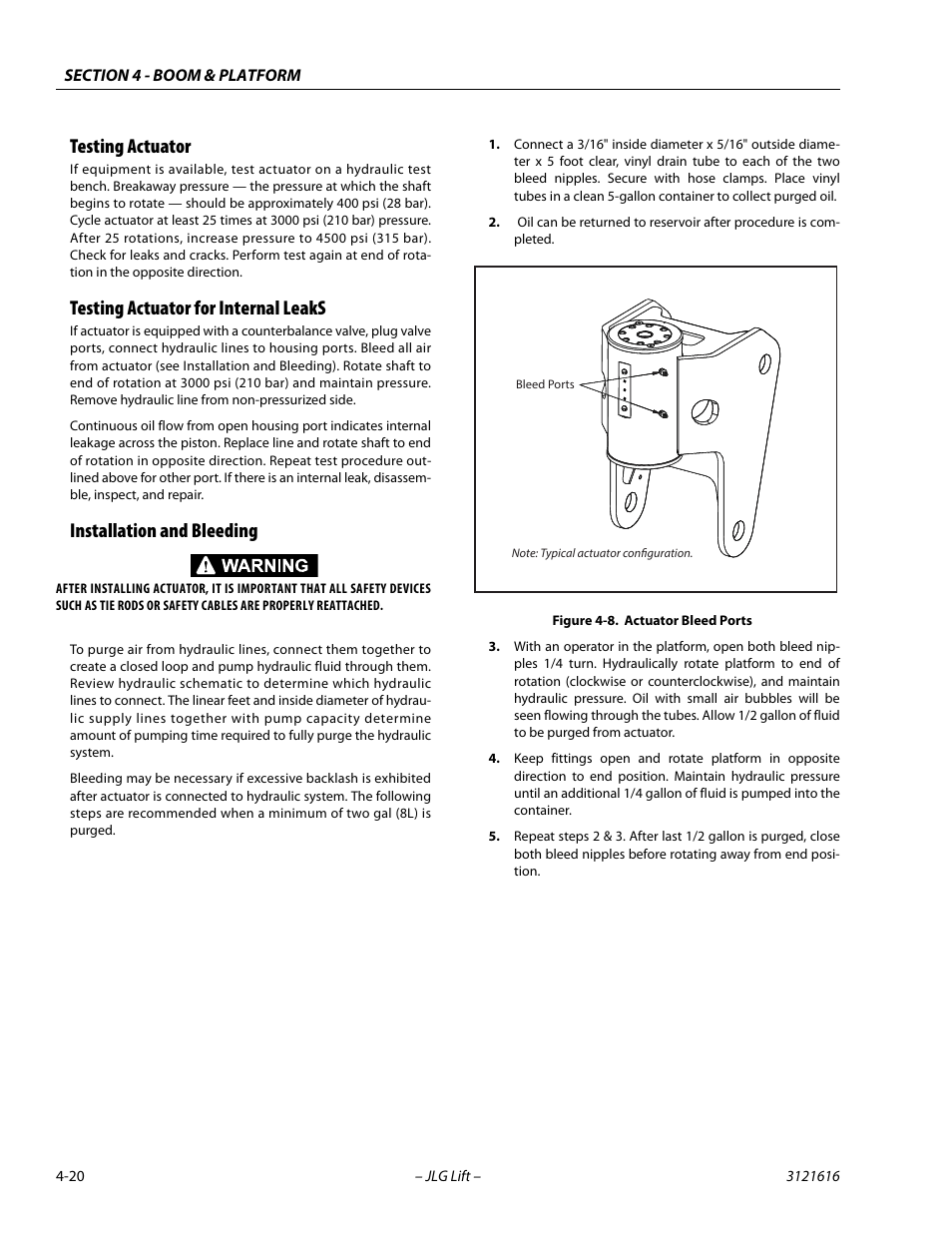 Testing actuator, Testing actuator for internal leaks, Installation and bleeding | Actuator bleed ports -20 | JLG 660AJ Service Manual User Manual | Page 168 / 334