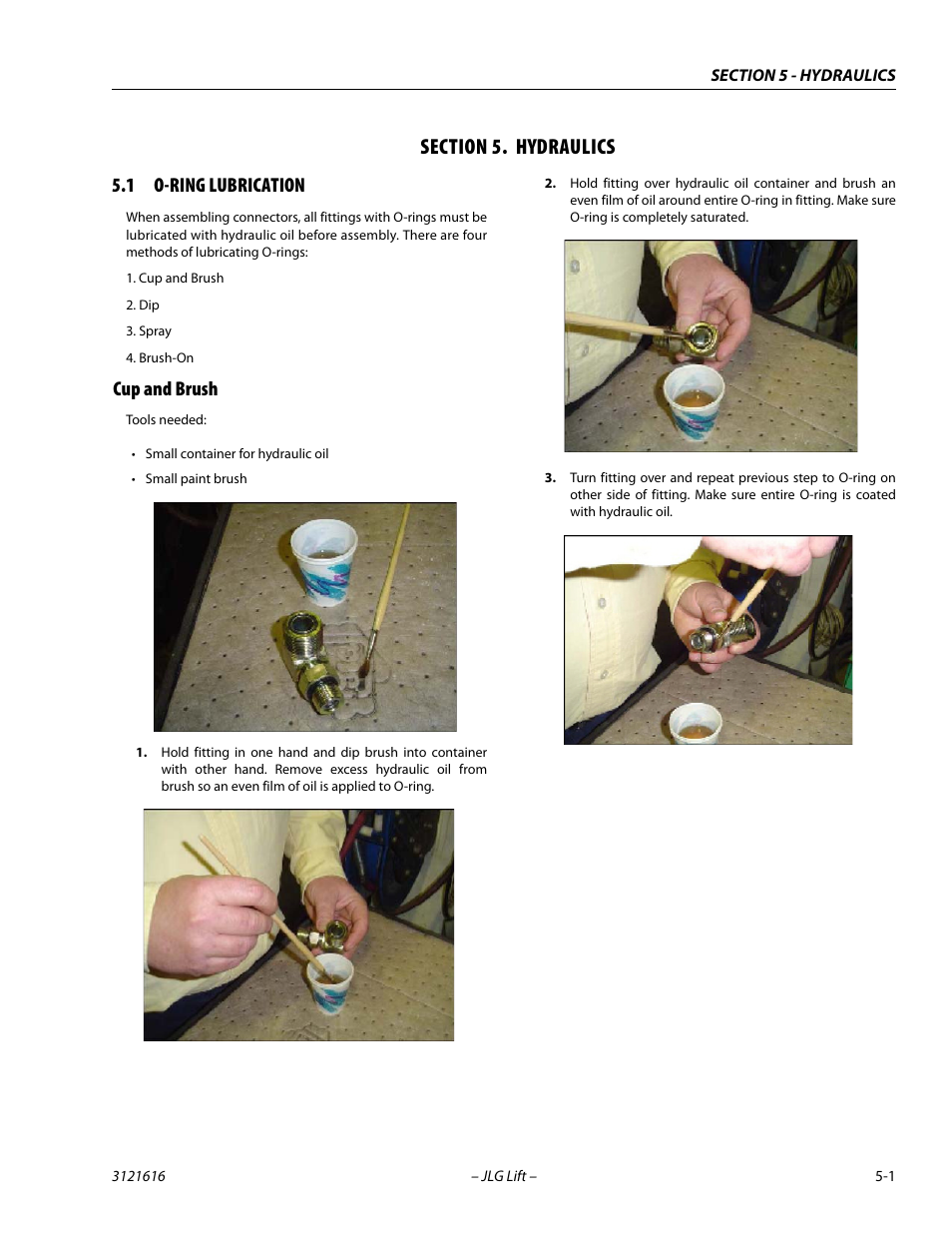 Section 5. hydraulics, 1 o-ring lubrication, Cup and brush | Section, 5 - hydraulics, O-ring lubrication -1, Cup and brush -1 | JLG 660AJ Service Manual User Manual | Page 181 / 334