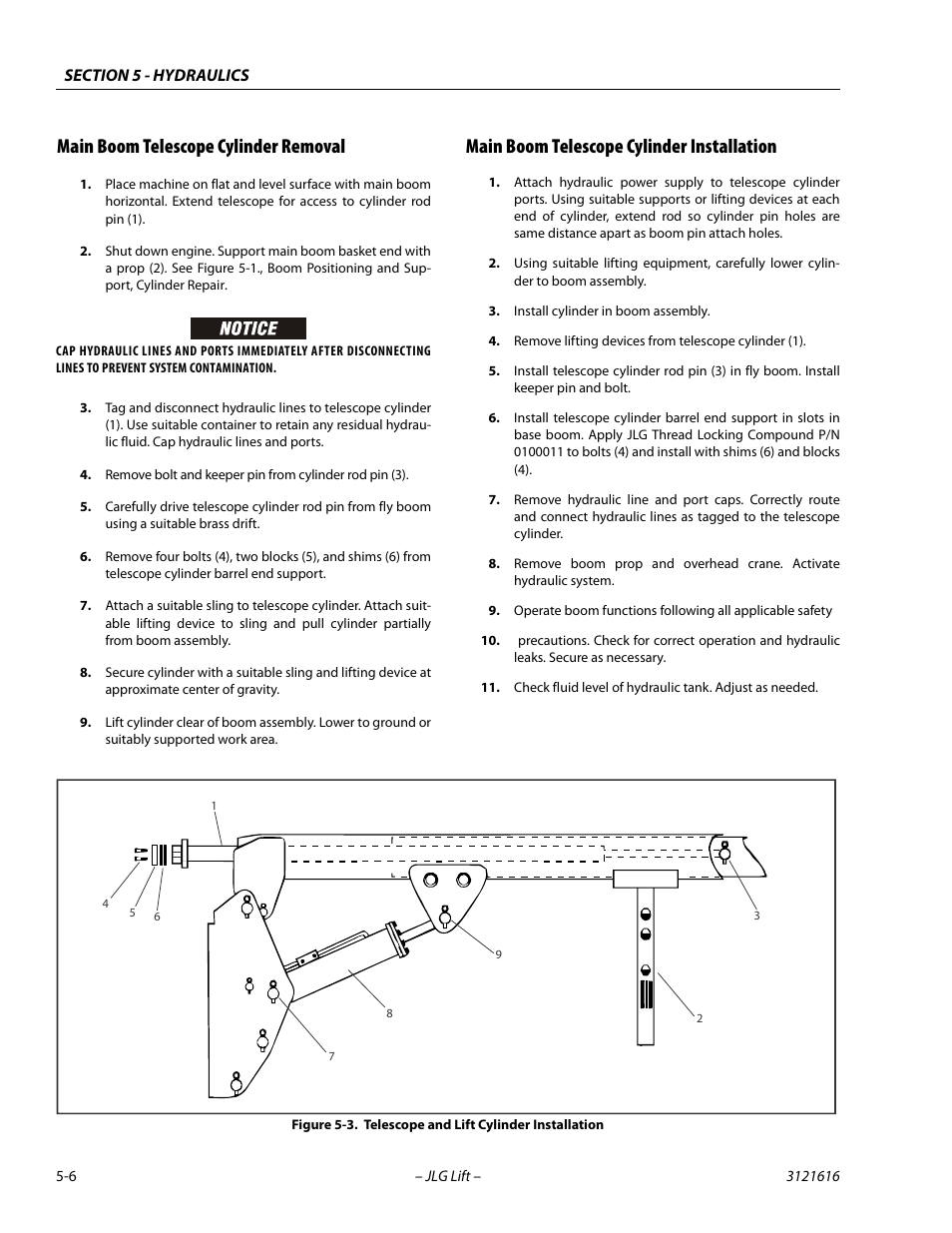 Main boom telescope cylinder removal, Main boom telescope cylinder installation, Telescope and lift cylinder installation -6 | JLG 660AJ Service Manual User Manual | Page 186 / 334