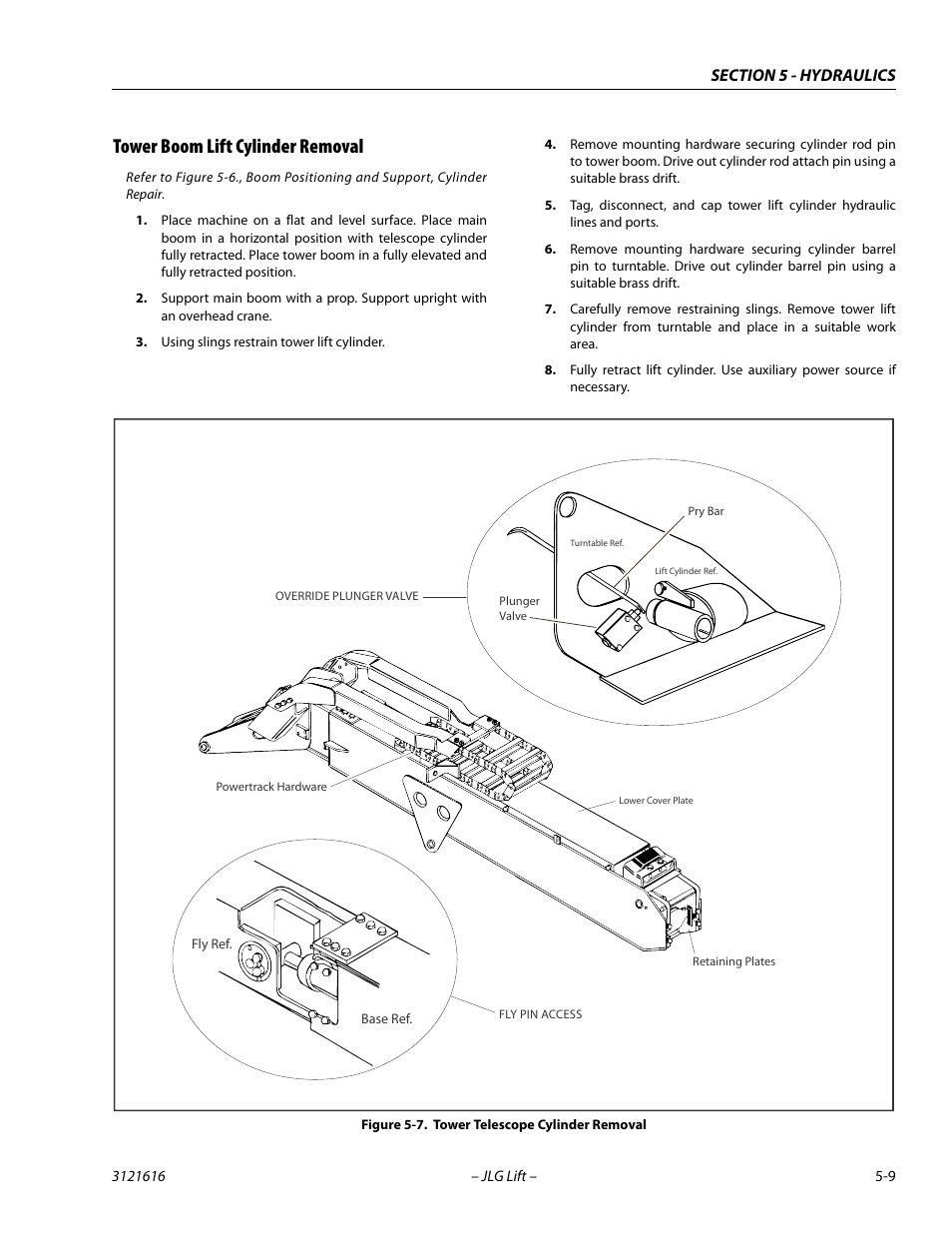 Tower boom lift cylinder removal, Tower boom lift cylinder removal -9, Tower telescope cylinder removal -9 | JLG 660AJ Service Manual User Manual | Page 189 / 334