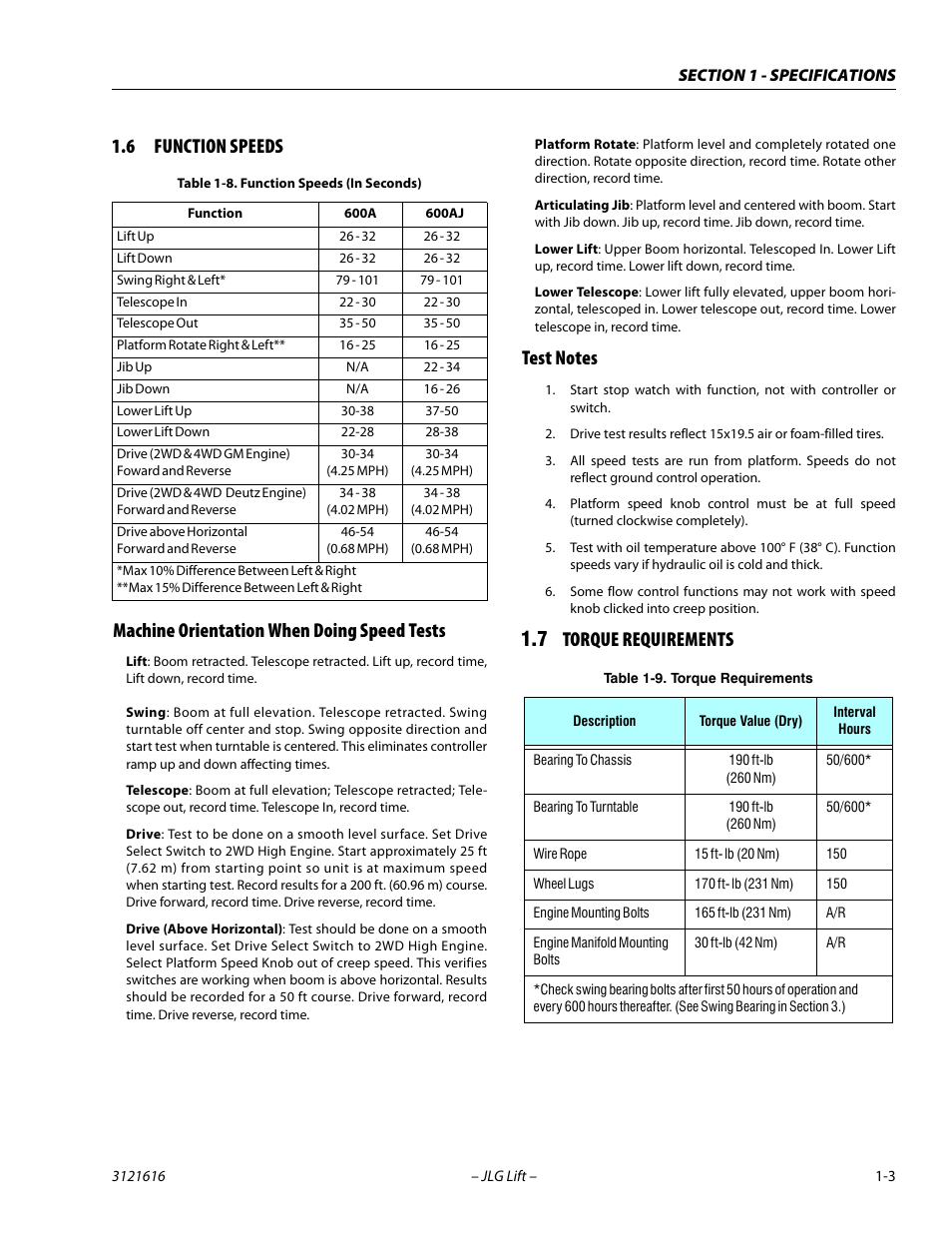 6 function speeds, Machine orientation when doing speed tests, Test notes | 7 torque requirements, Function speeds -3, Torque requirements -3, Function speeds (in seconds) -3 | JLG 660AJ Service Manual User Manual | Page 19 / 334