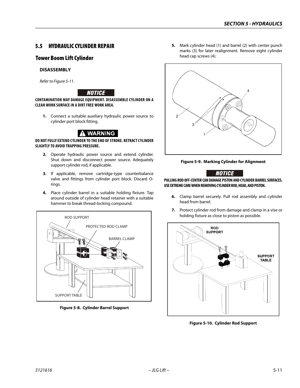 5 hydraulic cylinder repair, Tower boom lift cylinder, Hydraulic cylinder repair -11 | Tower boom lift cylinder -11, Cylinder barrel support -11, Marking cylinder for alignment -11, Cylinder rod support -11 | JLG 660AJ Service Manual User Manual | Page 191 / 334