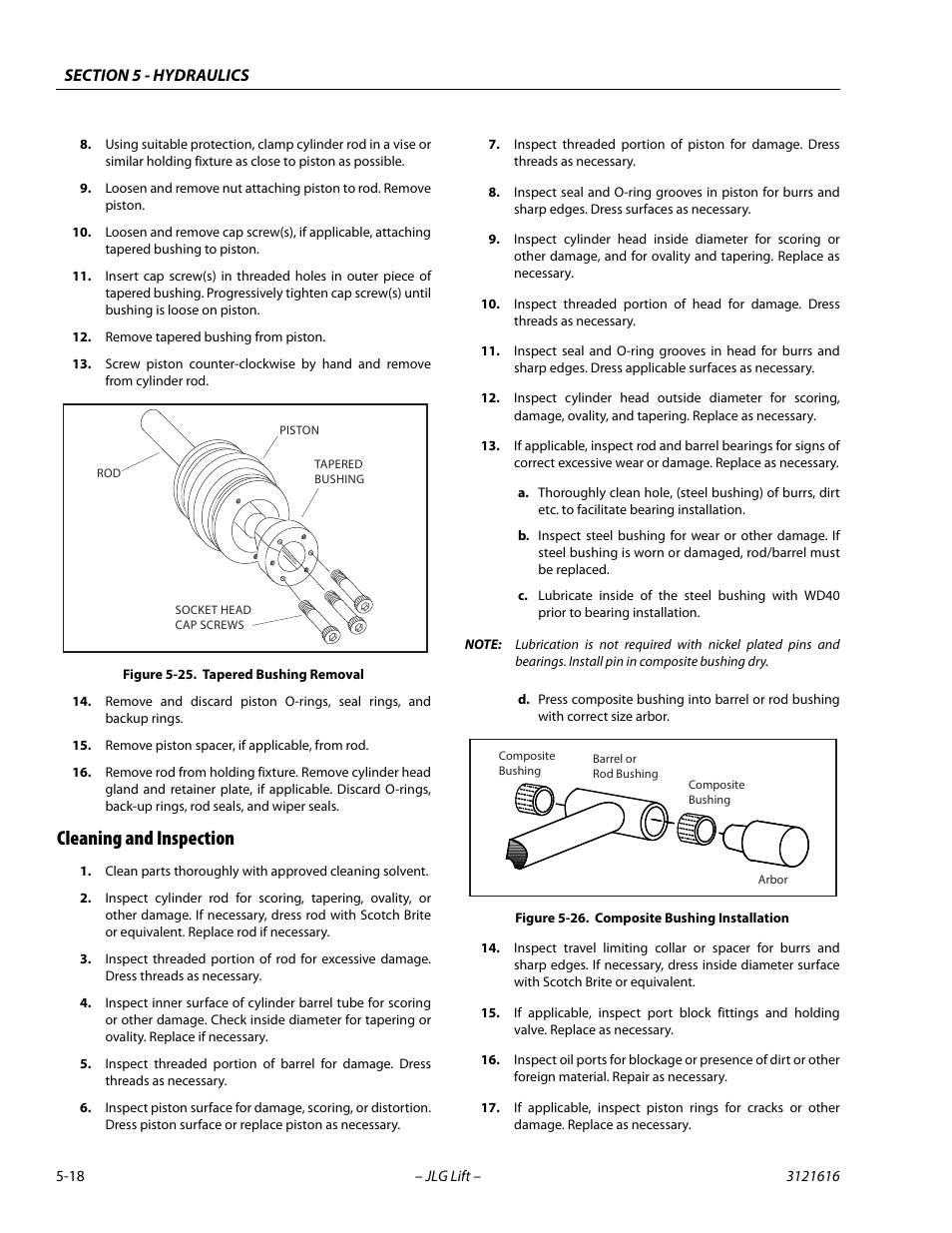 Cleaning and inspection, Cleaning and inspection -18, Tapered bushing removal -18 | Composite bushing installation -18 | JLG 660AJ Service Manual User Manual | Page 198 / 334