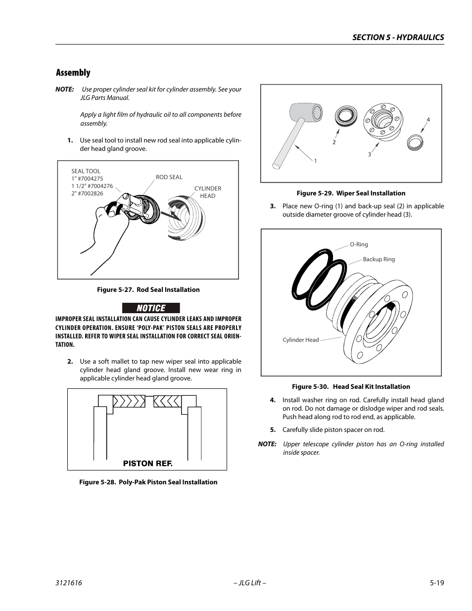 Assembly, Assembly -19, Rod seal installation -19 | Poly-pak piston seal installation -19, Wiper seal installation -19, Head seal kit installation -19 | JLG 660AJ Service Manual User Manual | Page 199 / 334
