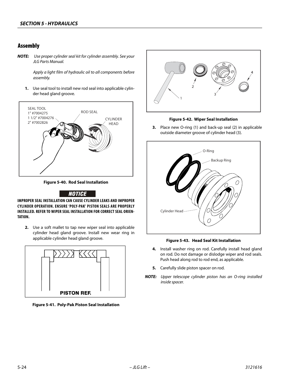 Assembly, Assembly -24, Rod seal installation -24 | Poly-pak piston seal installation -24, Wiper seal installation -24, Head seal kit installation -24 | JLG 660AJ Service Manual User Manual | Page 204 / 334