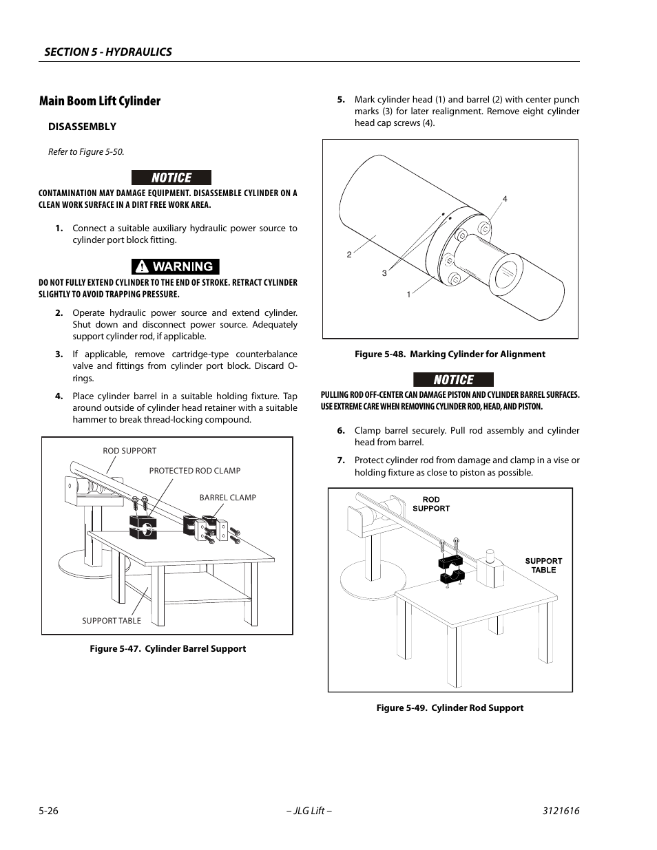 Main boom lift cylinder, Main boom lift cylinder -26, Cylinder barrel support -26 | Marking cylinder for alignment -26, Cylinder rod support -26 | JLG 660AJ Service Manual User Manual | Page 206 / 334