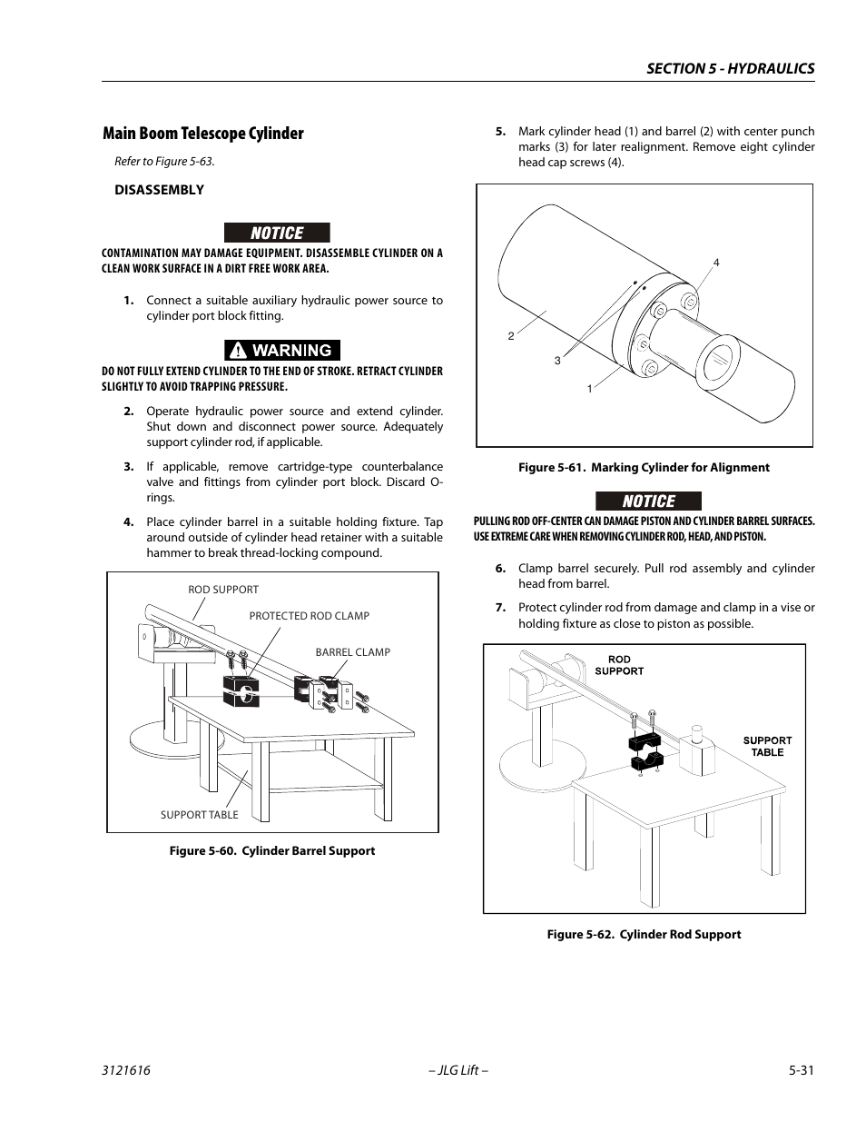 Main boom telescope cylinder, Main boom telescope cylinder -31, Cylinder barrel support -31 | Marking cylinder for alignment -31, Cylinder rod support -31 | JLG 660AJ Service Manual User Manual | Page 211 / 334