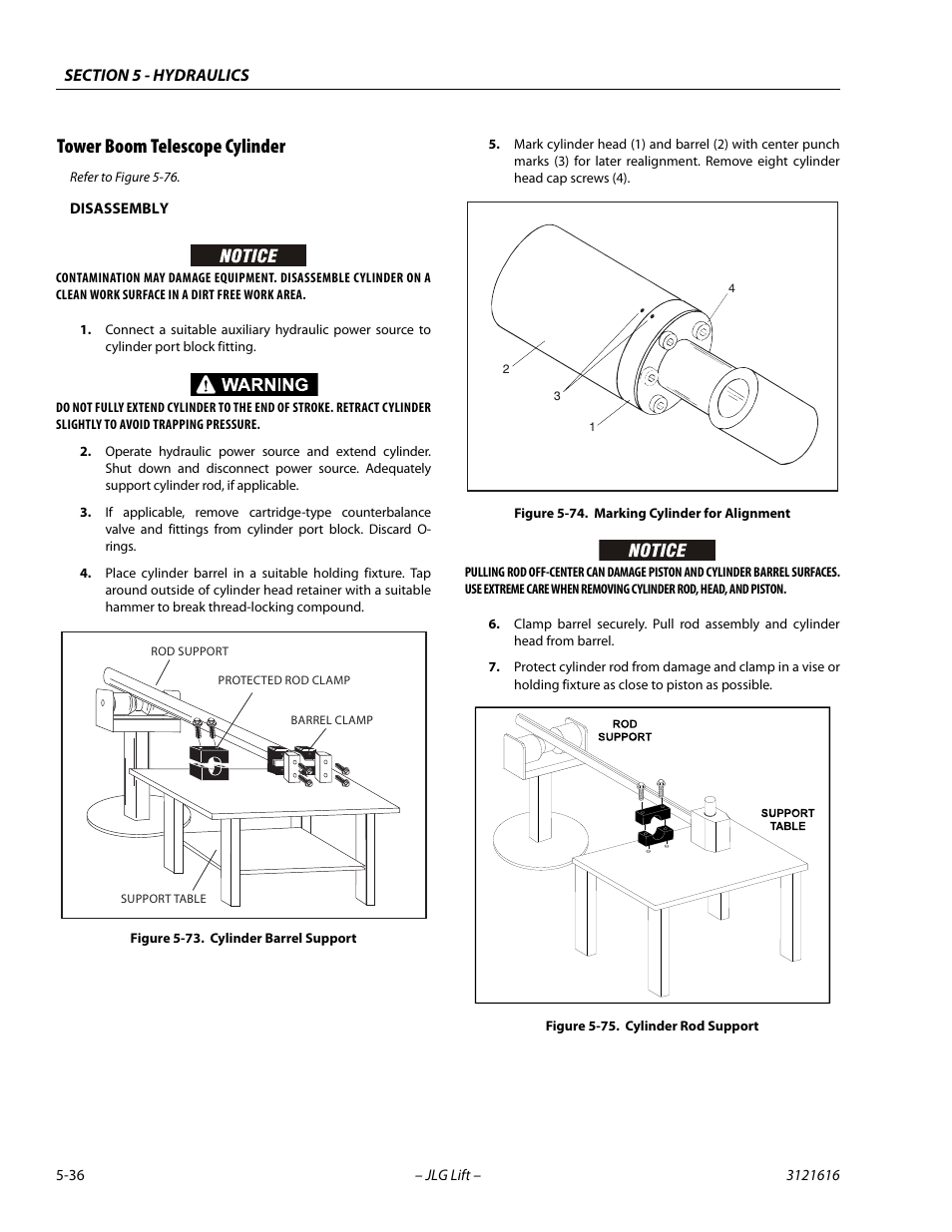 Tower boom telescope cylinder, Tower boom telescope cylinder -36, Cylinder barrel support -36 | Marking cylinder for alignment -36, Cylinder rod support -36 | JLG 660AJ Service Manual User Manual | Page 216 / 334