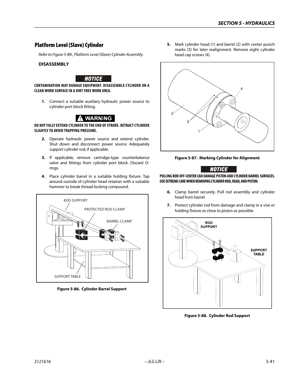 Platform level (slave) cylinder, Platform level (slave) cylinder -41, Cylinder barrel support -41 | Marking cylinder for alignment -41, Cylinder rod support -41 | JLG 660AJ Service Manual User Manual | Page 221 / 334