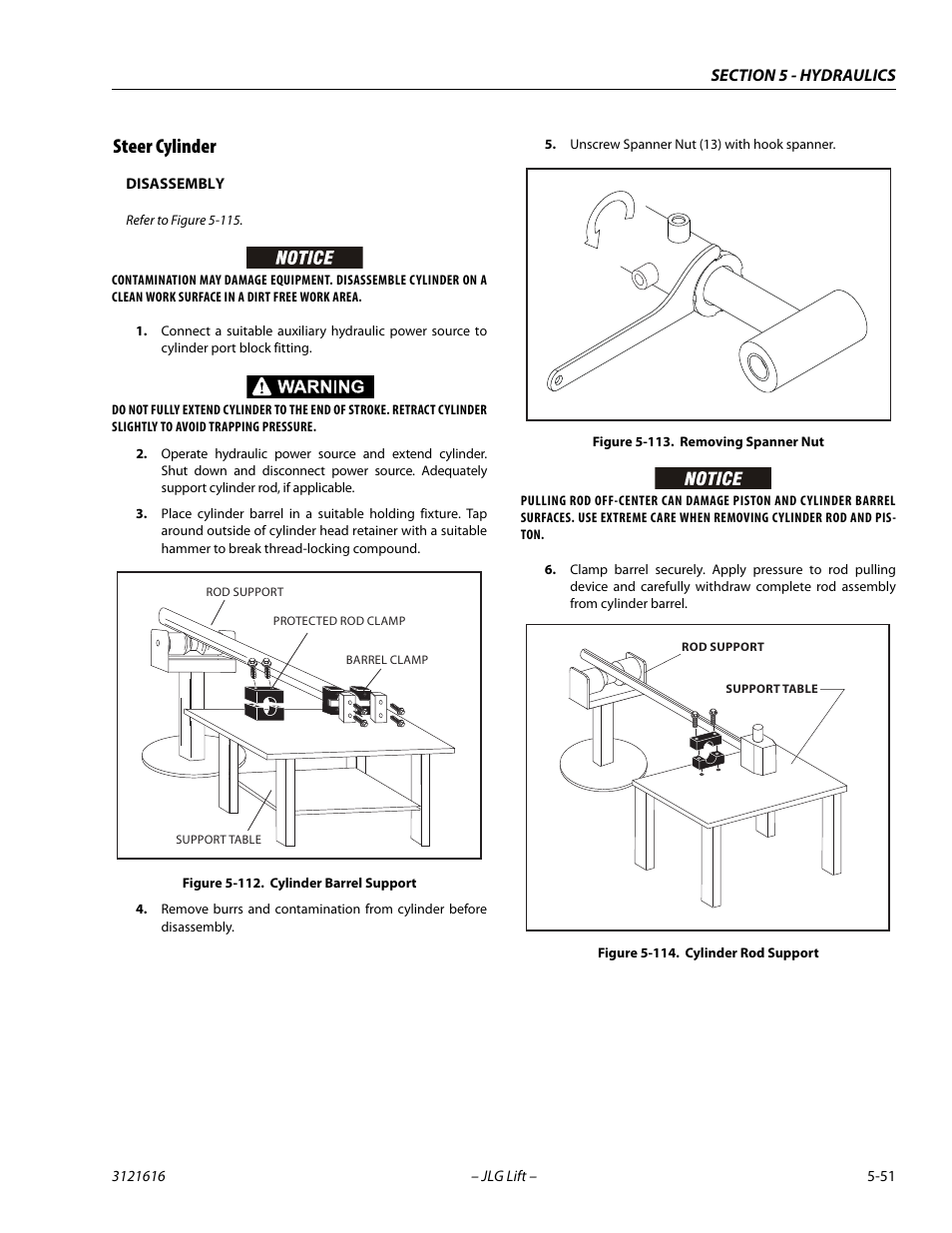 Steer cylinder, Steer cylinder -51, Cylinder barrel support -51 | Removing spanner nut -51, Cylinder rod support -51 | JLG 660AJ Service Manual User Manual | Page 231 / 334