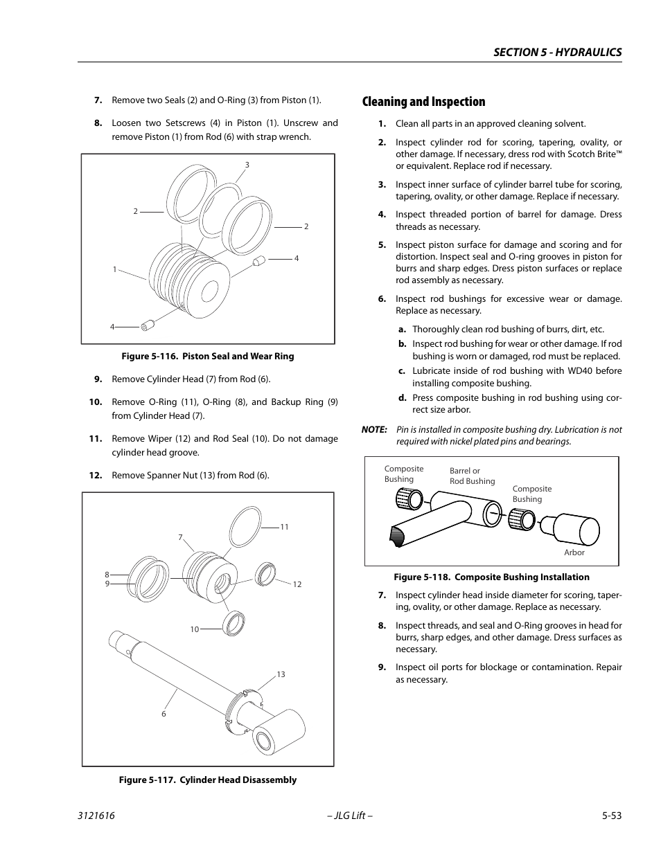 Cleaning and inspection, Cleaning and inspection -53, Piston seal and wear ring -53 | Cylinder head disassembly -53, Composite bushing installation -53 | JLG 660AJ Service Manual User Manual | Page 233 / 334