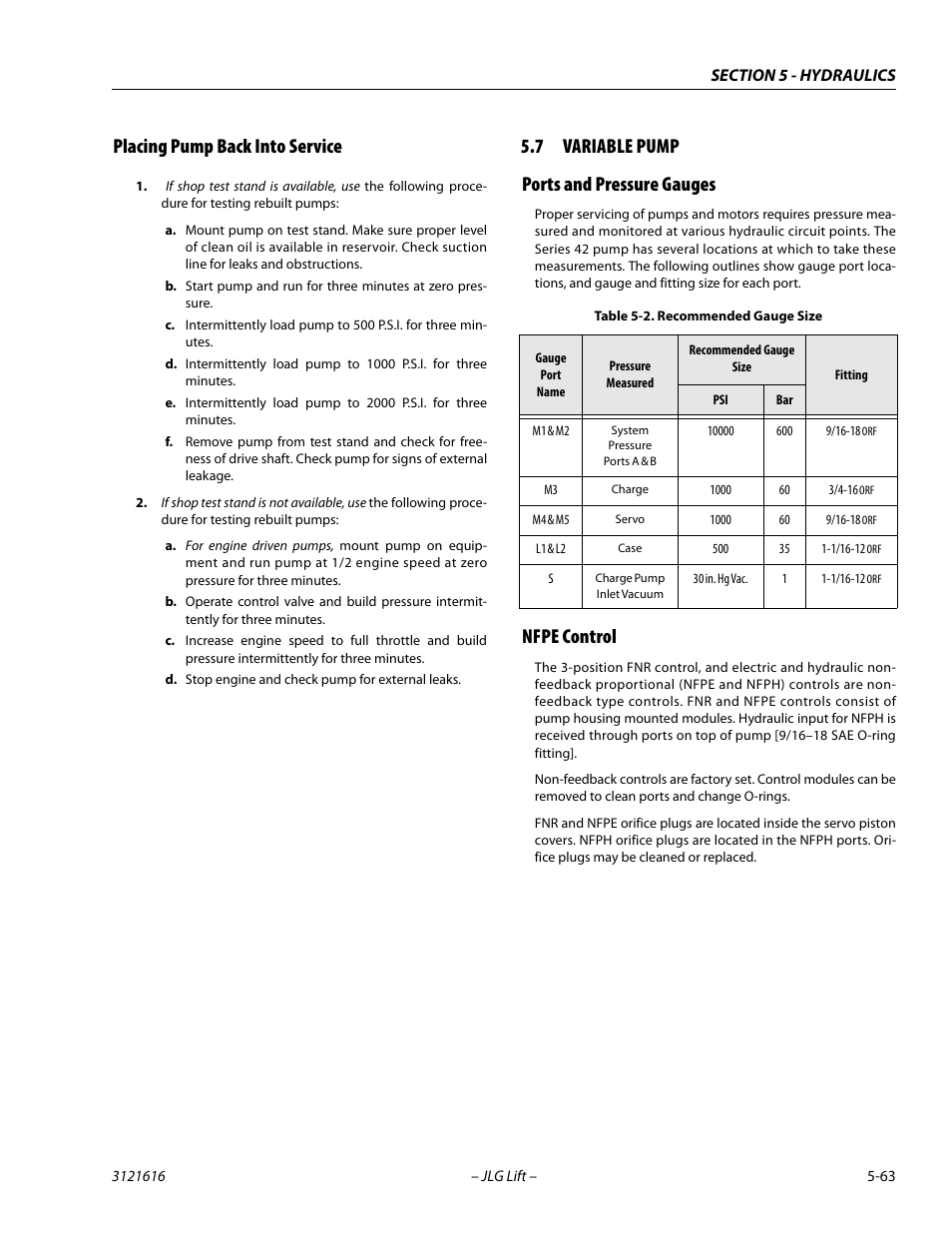 Placing pump back into service, 7 variable pump, Ports and pressure gauges | Nfpe control, Placing pump back into service -63, Variable pump -63, Ports and pressure gauges -63 nfpe control -63, Recommended gauge size -63, 7 variable pump ports and pressure gauges | JLG 660AJ Service Manual User Manual | Page 243 / 334