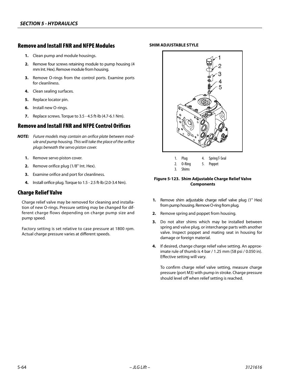 Remove and install fnr and nfpe modules, Remove and install fnr and nfpe control orifices, Charge relief valve | Shim adjustable charge relief valve components -64 | JLG 660AJ Service Manual User Manual | Page 244 / 334