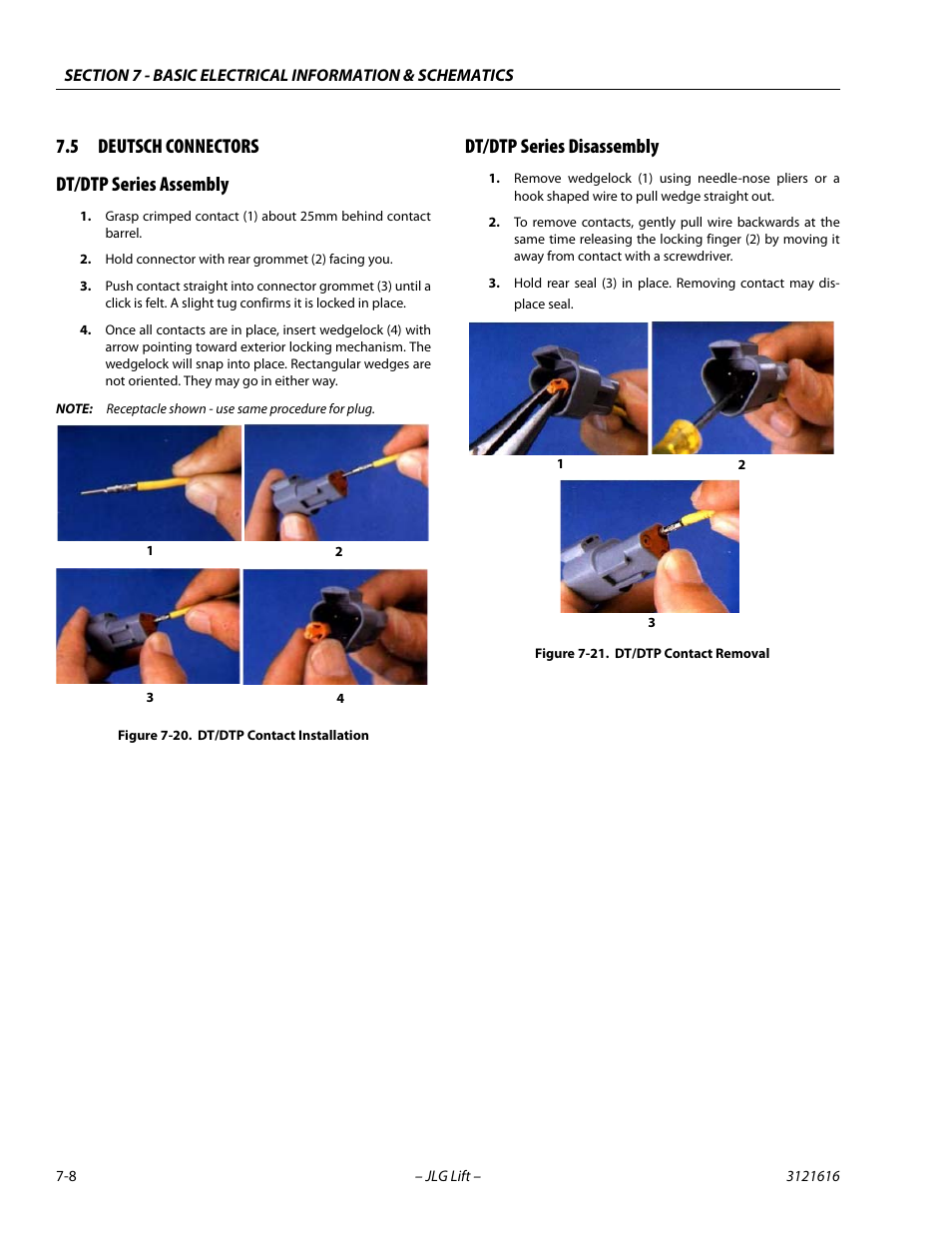 5 deutsch connectors, Dt/dtp series assembly, Dt/dtp series disassembly | Deutsch connectors -8, Dt/dtp contact installation -8, Dt/dtp contact removal -8, 5 deutsch connectors dt/dtp series assembly | JLG 660AJ Service Manual User Manual | Page 316 / 334
