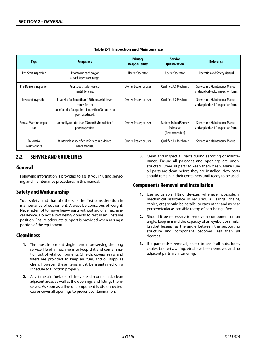 2 service and guidelines, General, Safety and workmanship | Cleanliness, Components removal and installation, Service and guidelines -2, Inspection and maintenance -2, 2 service and guidelines general | JLG 660AJ Service Manual User Manual | Page 36 / 334