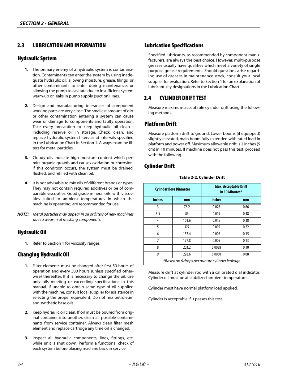 3 lubrication and information, Hydraulic system, Hydraulic oil | Changing hydraulic oil, Lubrication specifications, 4 cylinder drift test, Platform drift, Cylinder drift, Lubrication and information -4, Cylinder drift test -4 | JLG 660AJ Service Manual User Manual | Page 38 / 334