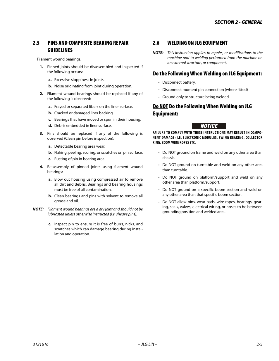 5 pins and composite bearing repair guidelines, 6 welding on jlg equipment, Do the following when welding on jlg equipment | Pins and composite bearing repair guidelines -5, Welding on jlg equipment -5 | JLG 660AJ Service Manual User Manual | Page 39 / 334