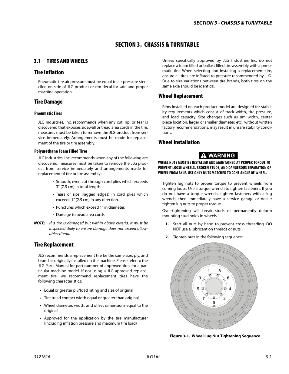 Section 3. chassis & turntable, 1 tires and wheels, Tire inflation | Tire damage, Pneumatic tires, Polyurethane foam filled tires, Tire replacement, Wheel replacement, Wheel installation, Section | JLG 660AJ Service Manual User Manual | Page 45 / 334