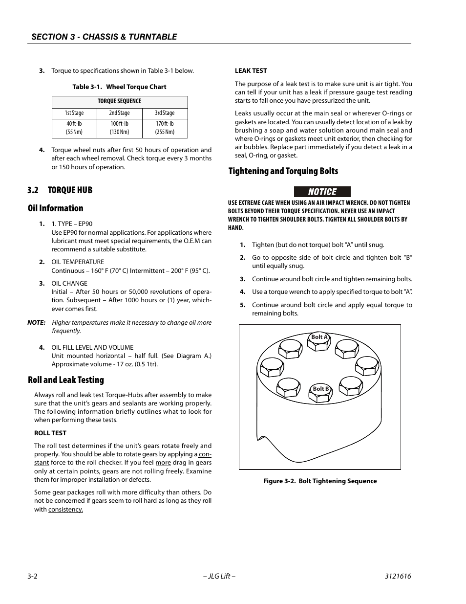 2 torque hub, Oil information, Roll and leak testing | Tightening and torquing bolts, Torque hub -2, Bolt tightening sequence -2, Wheel torque chart -2, 2 torque hub oil information | JLG 660AJ Service Manual User Manual | Page 46 / 334