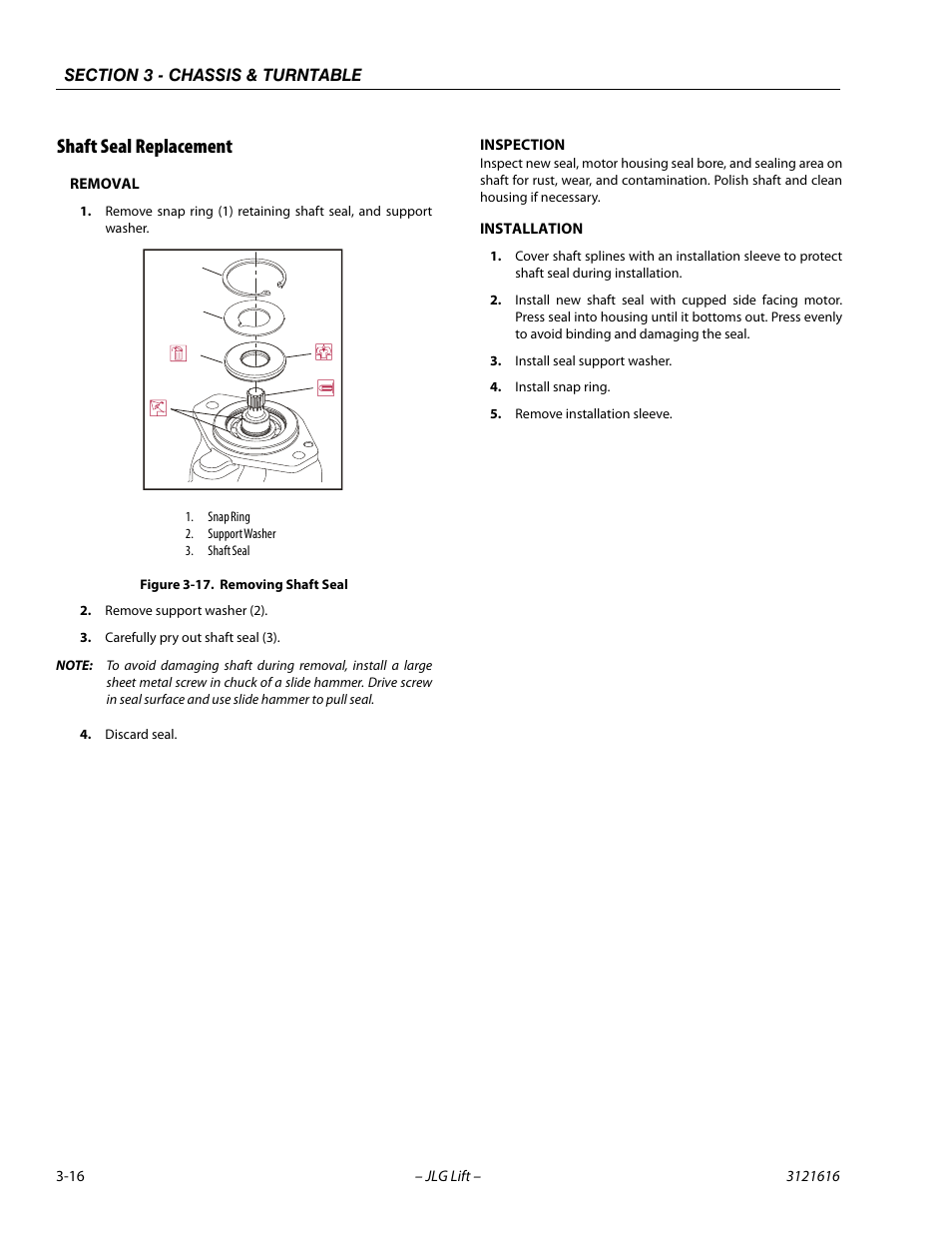 Shaft seal replacement, Shaft seal replacement -16, Removing shaft seal -16 | JLG 660AJ Service Manual User Manual | Page 60 / 334