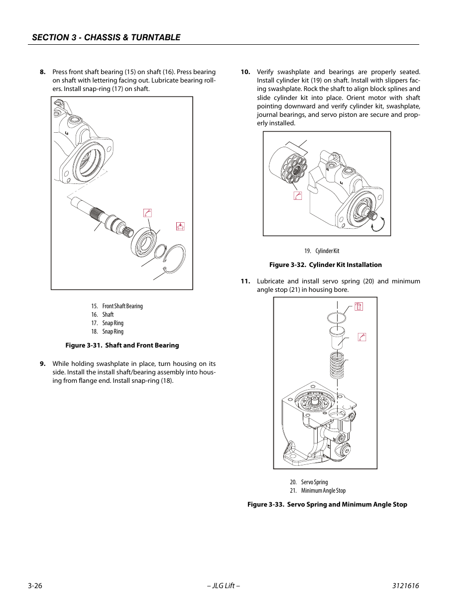 Shaft and front bearing -26, Cylinder kit installation -26, Servo spring and minimum angle stop -26 | JLG 660AJ Service Manual User Manual | Page 70 / 334