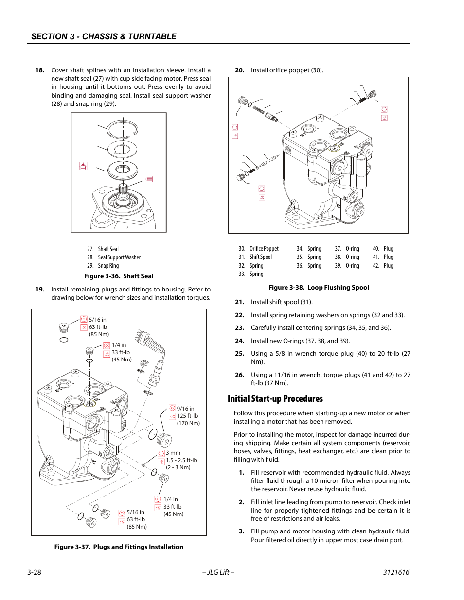 Initial start-up procedures, Initial start-up procedures -28, Shaft seal -28 | Plugs and fittings installation -28, Loop flushing spool -28 | JLG 660AJ Service Manual User Manual | Page 72 / 334
