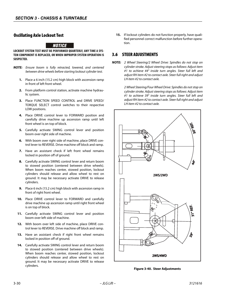 Oscillating axle lockout test, 6 steer adjustments, Oscillating axle lockout test -30 | Steer adjustments -30 | JLG 660AJ Service Manual User Manual | Page 74 / 334