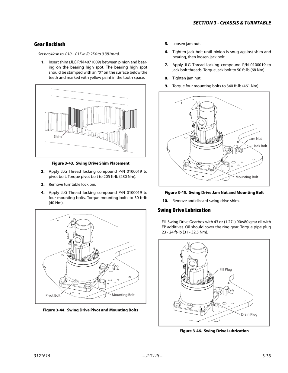 Gear backlash, Swing drive lubrication, Gear backlash -33 swing drive lubrication -33 | Swing drive shim placement -33, Swing drive pivot and mounting bolts -33, Swing drive jam nut and mounting bolt -33, Swing drive lubrication -33 | JLG 660AJ Service Manual User Manual | Page 77 / 334