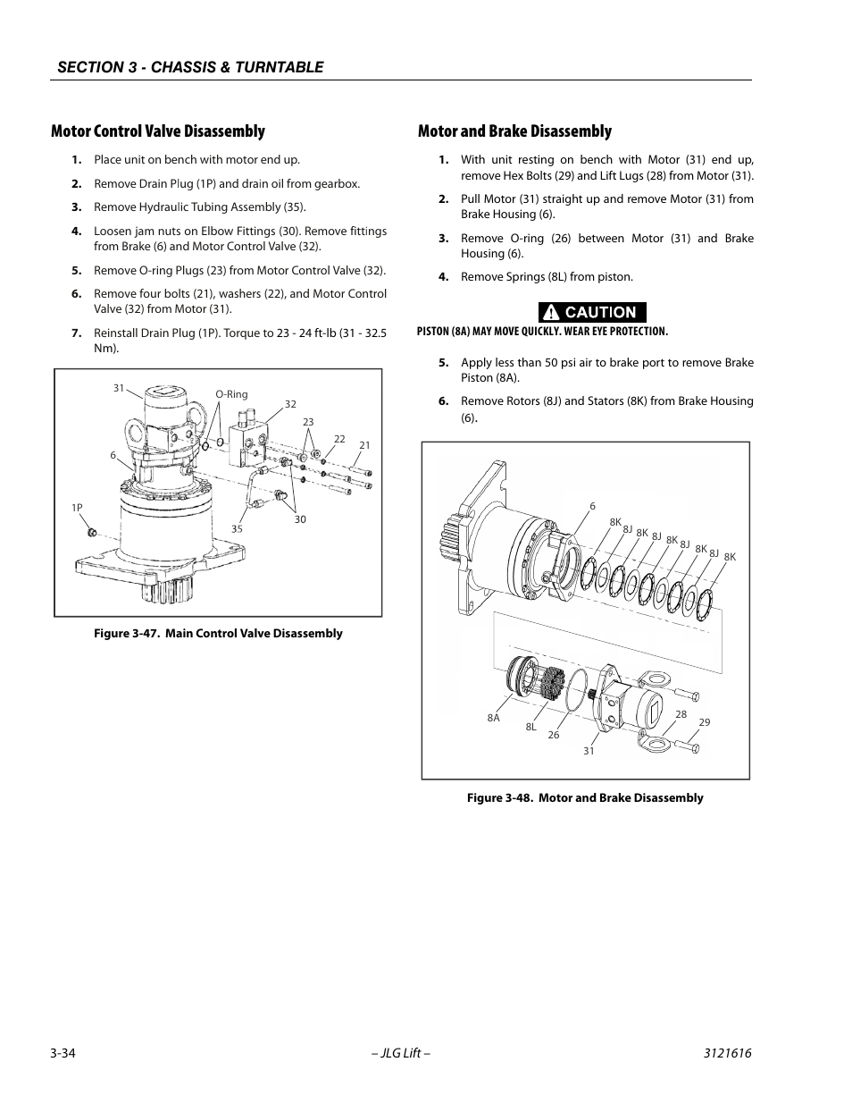 Motor control valve disassembly, Motor and brake disassembly, Main control valve disassembly -34 | Motor and brake disassembly -34 | JLG 660AJ Service Manual User Manual | Page 78 / 334