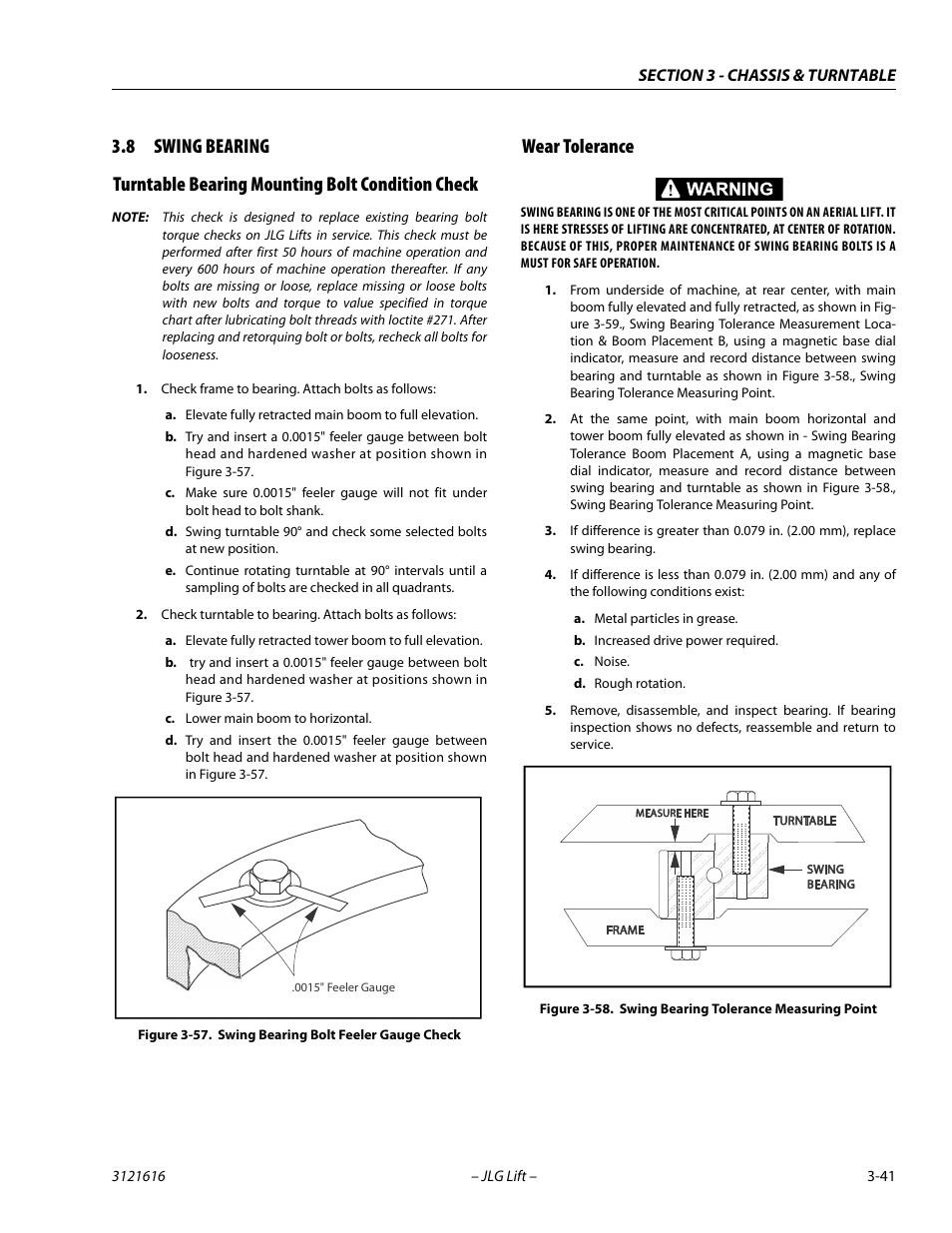 8 swing bearing, Turntable bearing mounting bolt condition check, Wear tolerance | Swing bearing -41, Swing bearing bolt feeler gauge check -41, Swing bearing tolerance measuring point -41 | JLG 660AJ Service Manual User Manual | Page 85 / 334